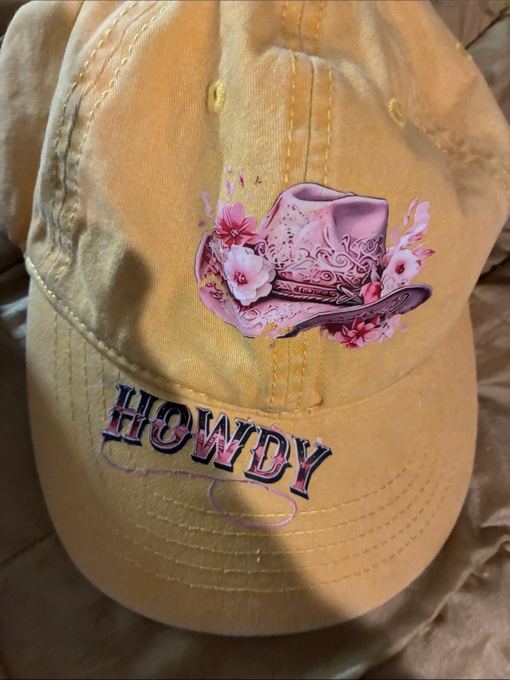 Yellow Women's Baseball Cap with Pink Floral Cowboy Graphic and HOWDY Embroidery